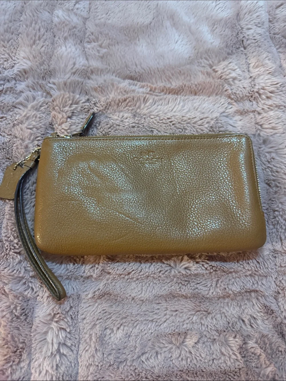 Coach Pebbled Leather Wristlet in Tan Brown